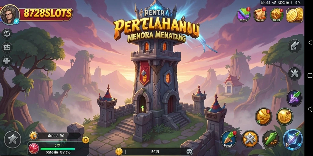 Screenshot gameplay 8728SLOTS yang menunjukkan menara bertempur.