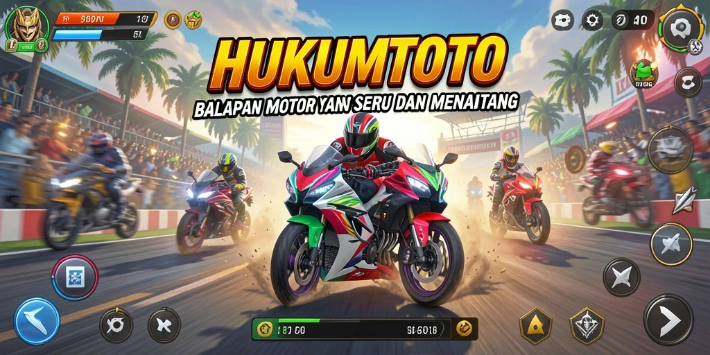 Screenshot utama HUKUMTOTO menampilkan aksi balapan motor yang mendebarkan.